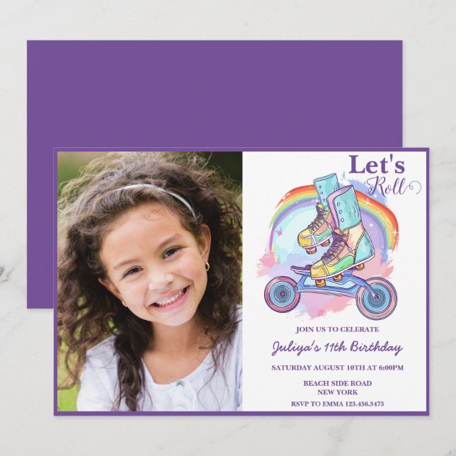 Convites Girls Roller Skating Photo Birthday (Frente/Verso)