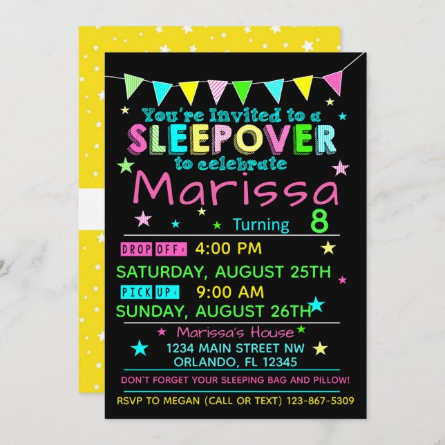 Convites Girls Sleepover Birthday Invitation SlumbParty (Frente/Verso)