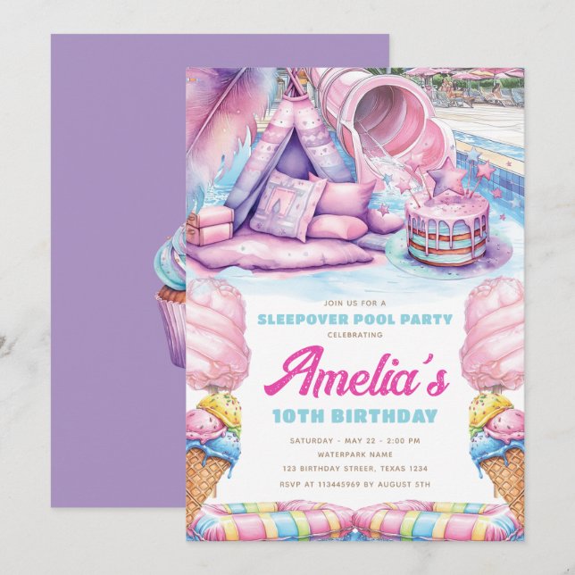Convites Girls Sleepover Pool Party (Frente/Verso)