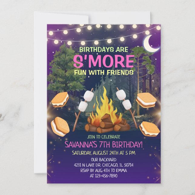 Convites Girls S'more Fun Campfire Smores Birthday Party (Frente)