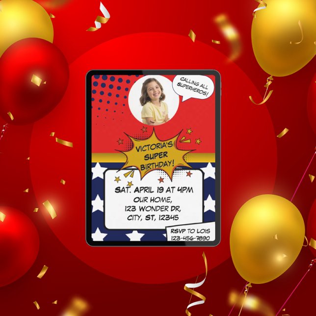 Convites Girls Superhero Red, Blue, Gold & Stars Birthday  (Criador carregado)