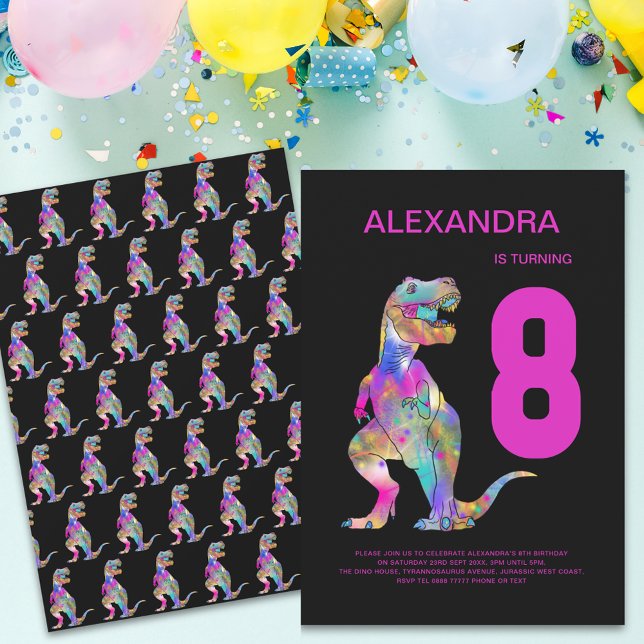 Convites Girls T-Rex Dinossaur 8ª Festa de aniversário Rosa (Girls dinosaur colorful T-Rex 8th birthday party pink and black invitation modern typography )