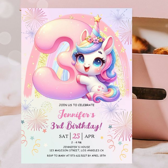 Convites Girls Unicorn, aniversário de 3 anos mágico do arc (#UnicornBirthdayInvitation #UnicornBirthdayInvitationTemplate #UnicornBirthdayInvitationEditable 

)