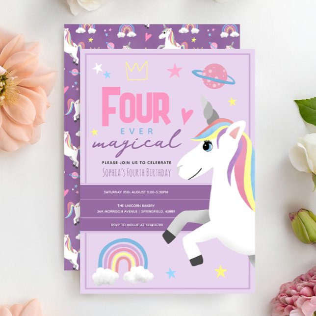 Convites Girls Unicorn Four Ever Magical 4th Birthday (Criador carregado)