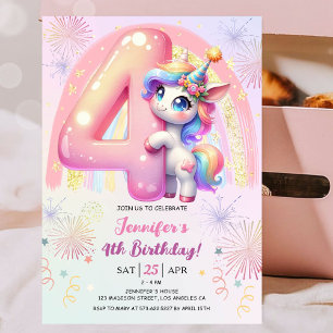 Convites Girls Unicorn Magical Rainbow 4º aniversário