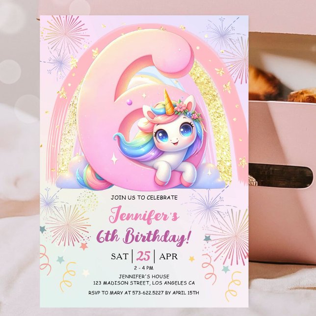 Convites Girls Unicorn Magical Rainbow 6 Festa de aniversár (#UnicornBirthdayInvitation #UnicornBirthdayInvitationTemplate #UnicornBirthdayInvitationEditable)