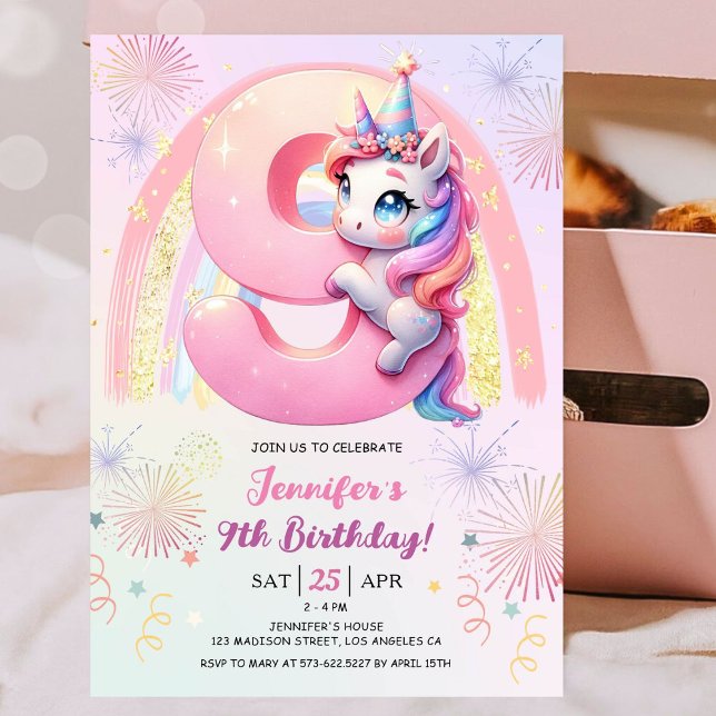 Convites Girls Unicorn Magical Rainbow 9th Festa de anivers (#UnicornBirthdayInvitation #UnicornBirthdayInvitationTemplate #UnicornBirthdayInvitationEditable 
)