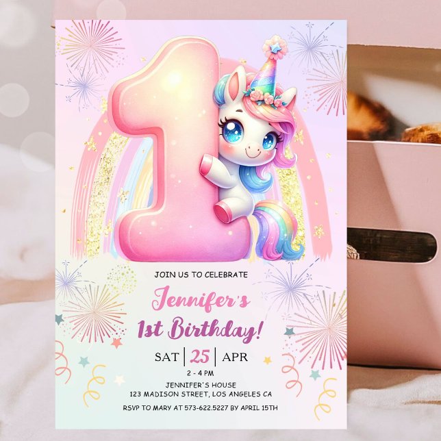 Convites Girls Unicorn - primeiro aniversario Magical Rainb (#UnicornBirthdayInvitation #UnicornBirthdayInvitationTemplate #UnicornBirthdayInvitationEditable )