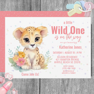 Convites Girls Wild One Cheetah Floral Chá de fraldas