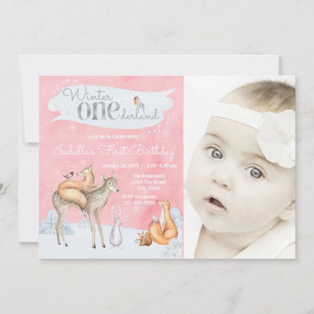 Convites Girls Winter ONEderland Woodland Foto Birthday (Frente)
