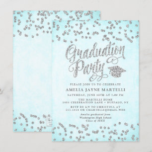 Convites Girly Aqua Blue Silver Festa de formatura