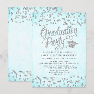 Convites Girly Aqua Blue Silver Festa de formatura