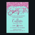 Convites Girly Aqua Teal Bright Rosa Brilhante Doce 16<br><div class="desc">Este design de convite original e exclusivo do Sweet 16 apresenta poeira brilhante brilhante, cor-de-rosa forte, moderna, cinzenta e cinzenta, com tipografia personalizada da lágrima de pincelada em um simples fundo verde-verde-real. Este convite elegante e glamouroso vai abater seus convidados e ser o elogio perfeito para a festa de aniversário...</div>
