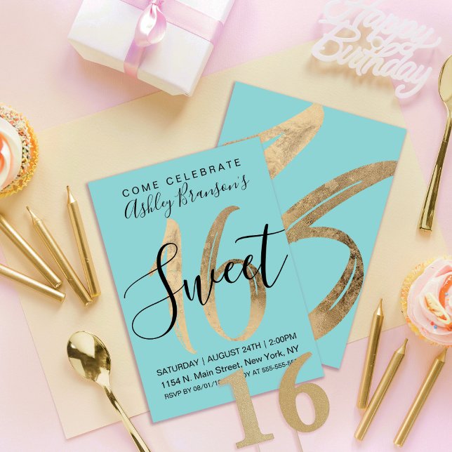 Convites Girly Aquamarine Teal Gold Foil Sweet 16 (Criador carregado)