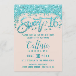 Convites Girly Blush Pink Aqua Blue Glitter Dust Sweet 16