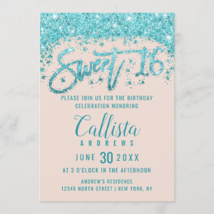Convites Girly Blush Pink Aqua Blue Glitter Dust Sweet 16