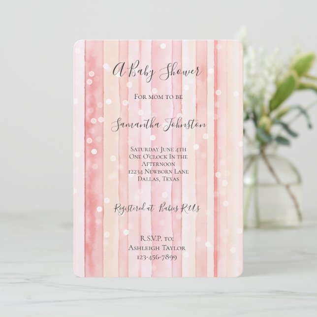 Convites Girly Blush Pink Stripes White Dots Baby Shower (Em pé/Frente)