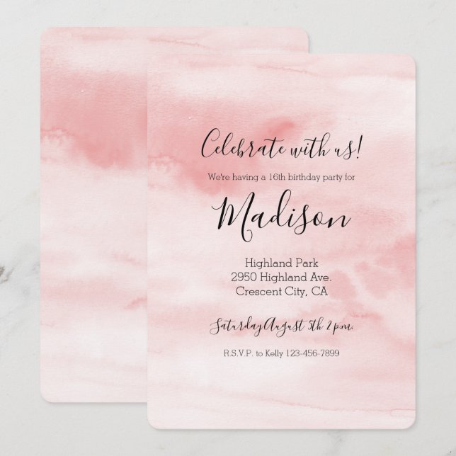 Convites Girly Blush Pink Watercolor personalizado (Frente/Verso)