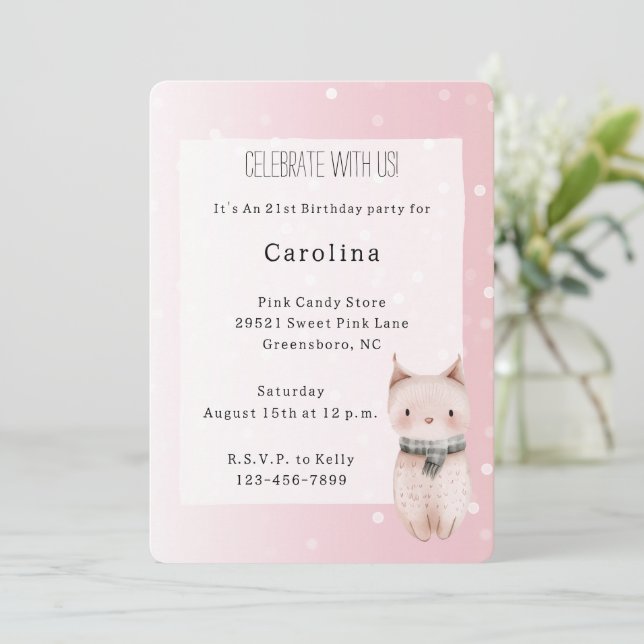 Convites Girly Blush Pink White Dots Cat Birthday (Em pé/Frente)