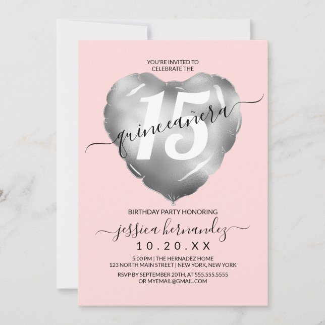 Convites Girly Blush Silver Foil Heart Balão Quinceañera (Frente)