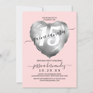 Convites Girly Blush Silver Foil Heart Balão Quinceañera