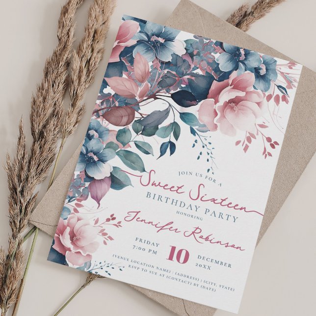 Convites Girly Boho Blue Floral Sweet 16 Festa de aniversár (Girly Boho Blue Floral Sweet 16 Birthday Party Invitation)