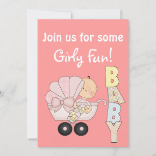 Convites Girly Chá de fraldas+Cute Baby Buggy/Pink