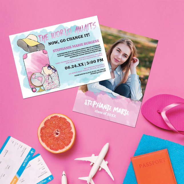 Convites Girly Change the World Watercolor Photo Graduação (Criador carregado)