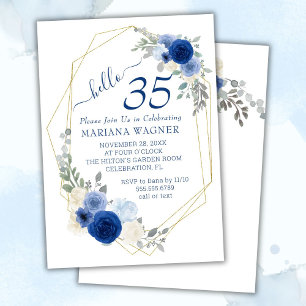 Convites Girly Chic Azul Marinho Floral 35º Aniversário