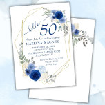 Convites Girly Chic Blue Floral 50th Birthday<br><div class="desc">Marinho azul floral floral cinzenta convites de 50 anos com moldura de ouro para ela em bonito flores azuis.</div>