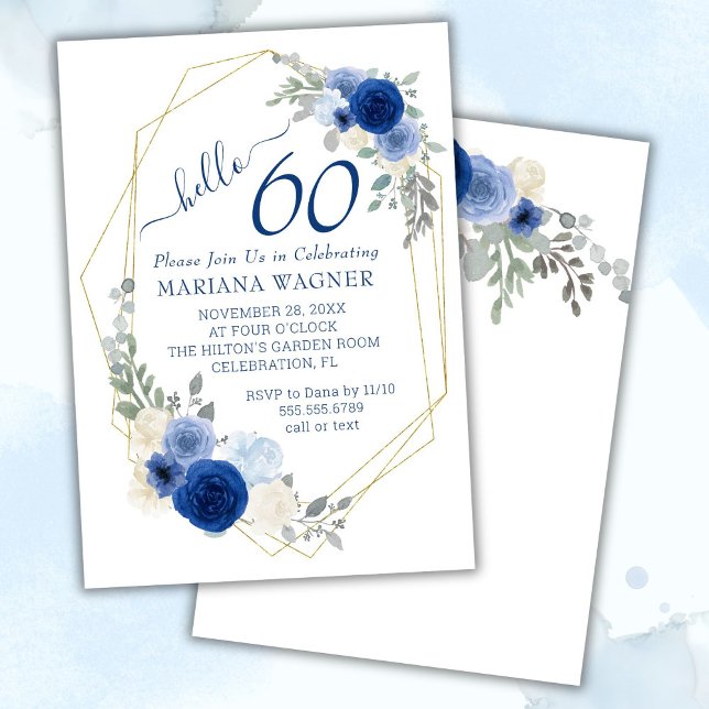 Convites Girly Chic Blue Floral 60th Birthday (Criador carregado)
