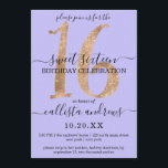 Convites Girly Chic Faux Dourado Glitter Lilac Purple Sweet<br><div class="desc">Este convite de aniversário elegante, simples, minimalista e chic Sweet XVI é perfeito para a sua jovem adolescente. Ele apresenta um falso glamouroso impresso lavish e um luxo dourado brilhante número de sequência, "16" sobre um fundo roxo feminino com fontes preto complementares e serif. É uma forma única, moderna, legal...</div>