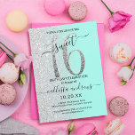 Convites Girly Chic Mint Silver Glitter Ombre Sweet 16<br><div class="desc">Este convite de aniversário giro e chique de 16 anos é perfeito para o dia especial da sua filha adolescente. Ele apresenta um falso brilho prateado esparso grande, "16", em cima de uma simples horta verde pastel e falso brilho prateado lateralmente, fundo ombre gradiente. É simples, único, moderno, bonito e...</div>