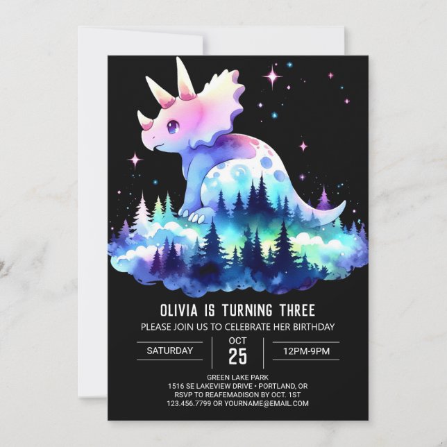Convites Girly Chic Triceratops Aniversário (Frente)