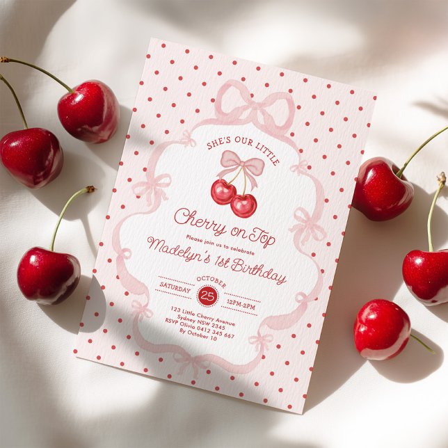 Convites Girly Coquette Cherry First 1st Birthday Party (Criador carregado)