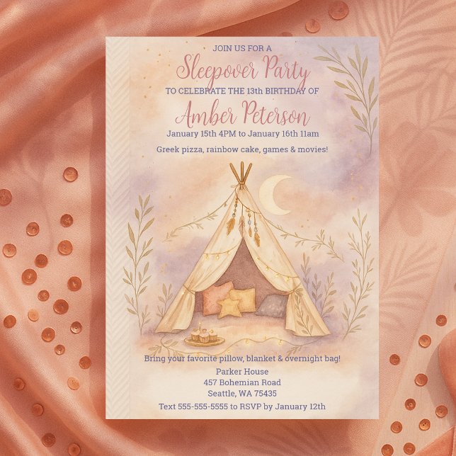 Convites Girly Cozy Tent Moon e Stars Boho Festa de anivers (Girly Cozy Tent Moon and Stars Boho Birthday Party Invitation)