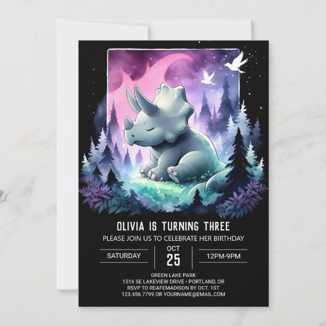 Convites Girly Dinosaur Triceratops Aniversário (Frente)