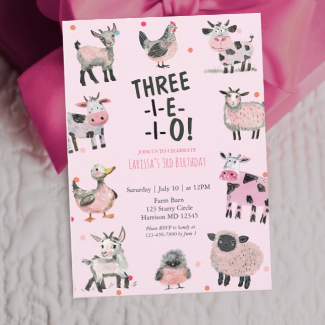 Convites Girly Farm Animal Third Birthday Invitation (Criador carregado)