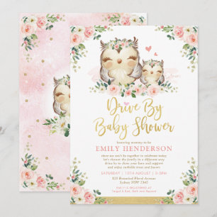 Convites Girly Floral Owl Drive By Chá de fraldas Quaranti