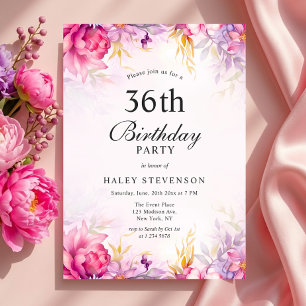 Convites Girly Floral Pastel Watercolor Chic 36º Aniversári