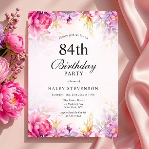Convites Girly Floral Pastel Watercolor Chic 84.º Aniversár
