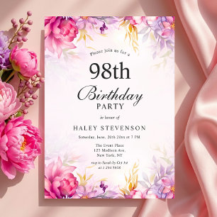 Convites Girly Floral Pastel Watercolor Chic 98º Aniversári