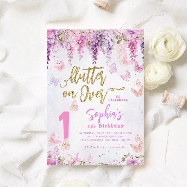 Convites Girly Floral Wisteria Dourada Aniversário de crian (Criador carregado)