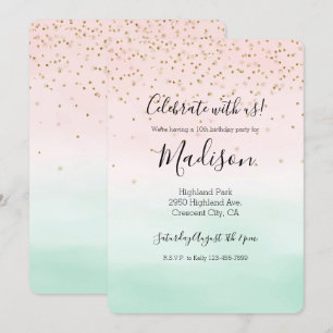 Convites Girly Glam Blush Pink Mint Dourado Sparkle Confett