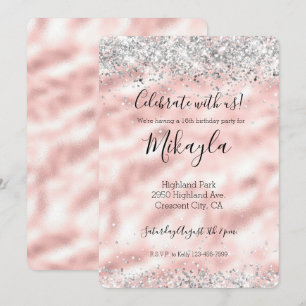 Convites Girly Glam Rosa Prata Brilho Lantejoulas Confete