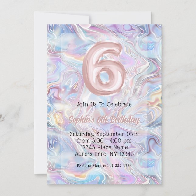 Convites Girly Holographic Marble Swirl 6 Birthday (Frente)