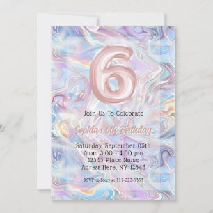 Convites Girly Holographic Marble Swirl 6 Birthday