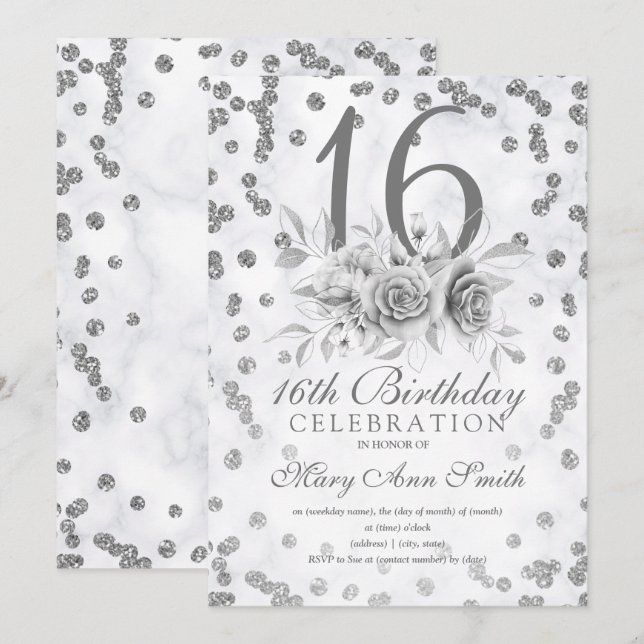 Convites Girly Marble Glitter Silver Floral Sweet 16º (Frente/Verso)