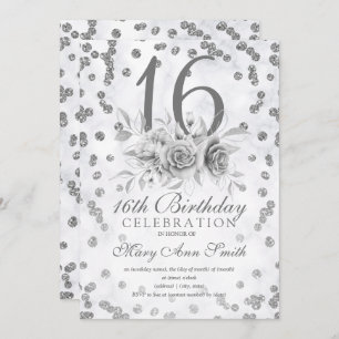 Convites Girly Marble Glitter Silver Floral Sweet 16º