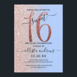 Convites Girly Modern Blue Rosa Dourado Ombre Sweet 16<br><div class="desc">Este convite de aniversário giro e chique de 16 anos é perfeito para o dia especial da sua filha adolescente. Ele apresenta um brilho rosa dourado cintilante imprimido grande, "16", sobre um simples azul de serenidade pastel e rosa dourado esfarrapado, brilha lateralmente, fundo ombre gradiente. É simples, único, moderno, bonito...</div>